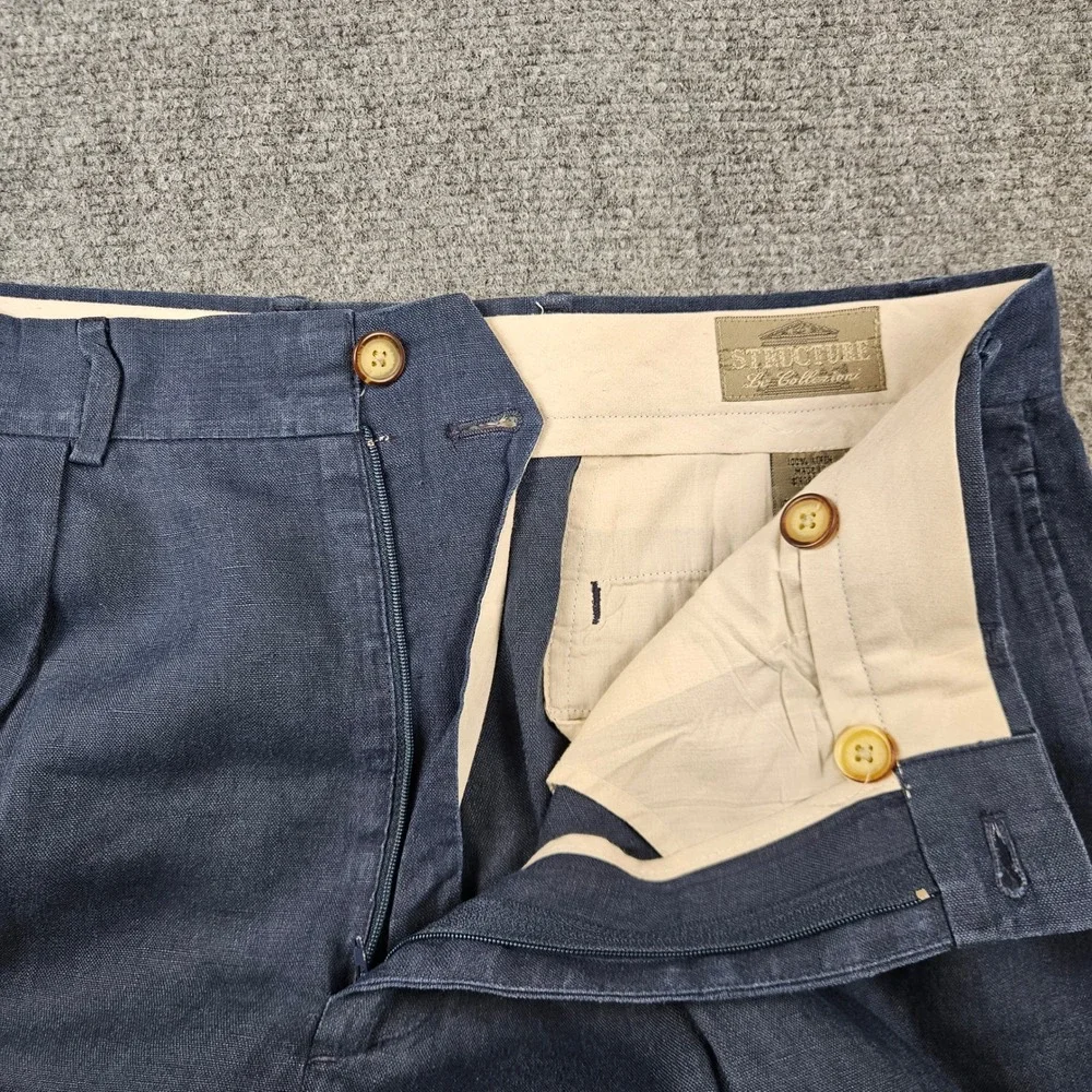 Structure Le Collezioni Mens 34S Navy Blue 100% Linen Pleated Cuffed Dress Pants
